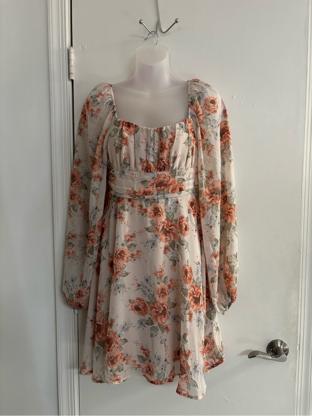 Blu Pepper Cream Mini Dress with Peach Rose Print and Long Sleeves